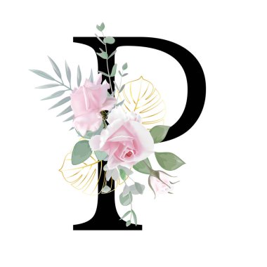 Çiçek alfabesi. Düğün davetiyeleri, tebrik kartları, doğum günü, logo, poster diğer fikirler. Vektör illüstrasyonu.