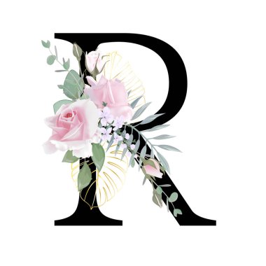 Çiçek alfabesi. Düğün davetiyeleri, tebrik kartları, doğum günü, logo, poster diğer fikirler. Vektör illüstrasyonu.