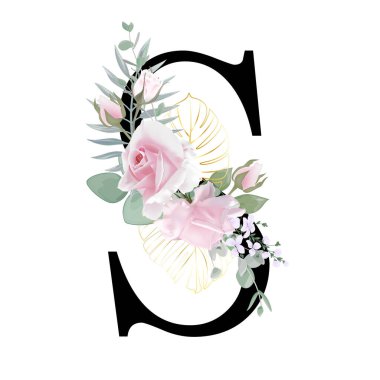 Çiçek alfabesi. Düğün davetiyeleri, tebrik kartları, doğum günü, logo, poster diğer fikirler. Vektör illüstrasyonu.