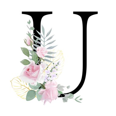 Çiçek alfabesi. Düğün davetiyeleri, tebrik kartları, doğum günü, logo, poster diğer fikirler. Vektör illüstrasyonu.