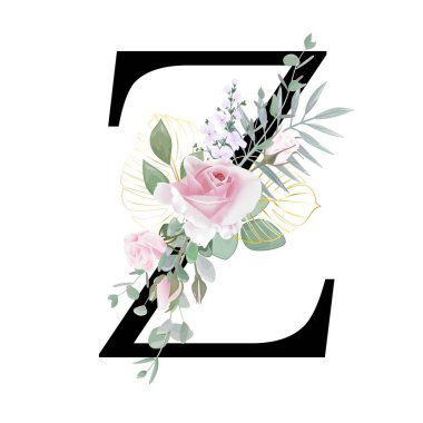 Çiçek alfabesi. Düğün davetiyeleri, tebrik kartları, doğum günü, logo, poster diğer fikirler. Vektör illüstrasyonu.