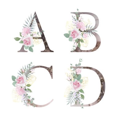 Çiçek alfabesi. Düğün davetiyeleri, tebrik kartları, doğum günü, logo, poster diğer fikirler. Vektör illüstrasyonu.