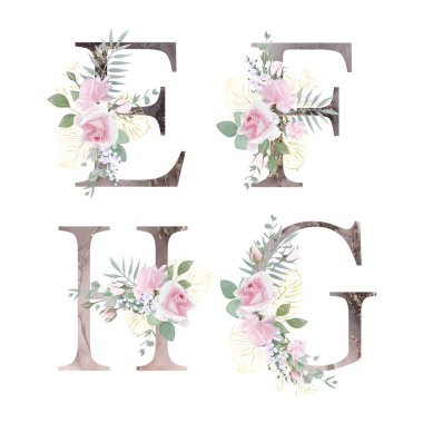 Çiçek alfabesi. Düğün davetiyeleri, tebrik kartları, doğum günü, logo, poster diğer fikirler. Vektör illüstrasyonu.