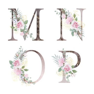 Çiçek alfabesi. Düğün davetiyeleri, tebrik kartları, doğum günü, logo, poster diğer fikirler. Vektör illüstrasyonu.