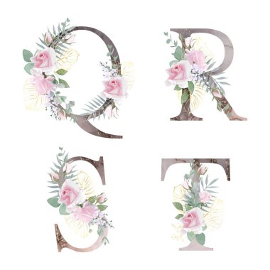 Çiçek alfabesi. Düğün davetiyeleri, tebrik kartları, doğum günü, logo, poster diğer fikirler. Vektör illüstrasyonu.