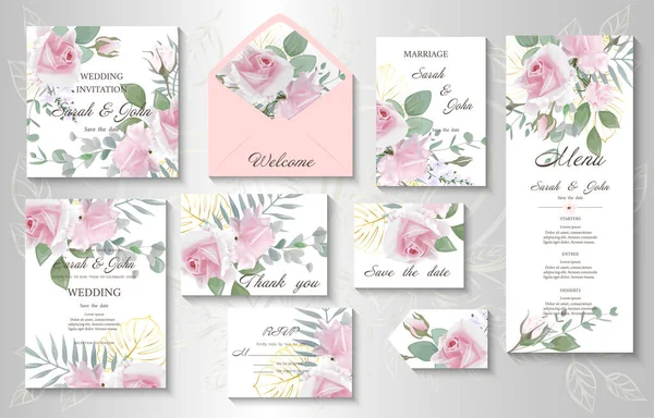 Set Wedding Cards Flowers Leaves — Διανυσματικό Αρχείο