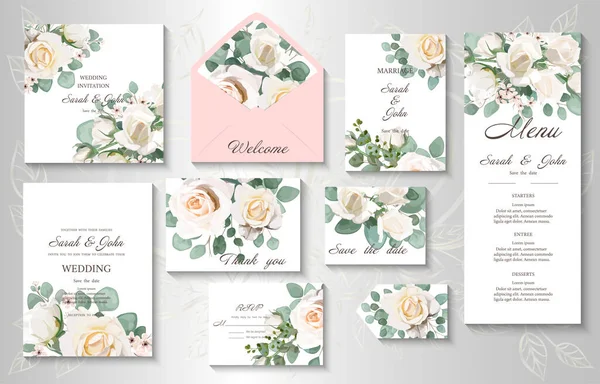 Set Wedding Invitation Cards Flowers Leaves Vector Illustration — Διανυσματικό Αρχείο