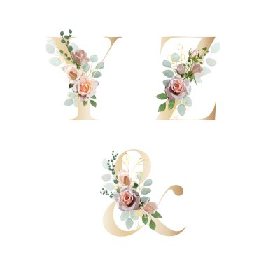 Çiçek alfabesi. Botanik buketi ile harfleri ayarla. Vektör illüstrasyonu.