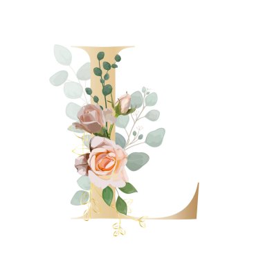 Çiçek alfabesi. Botanik buketi ile harfleri ayarla. Vektör illüstrasyonu.