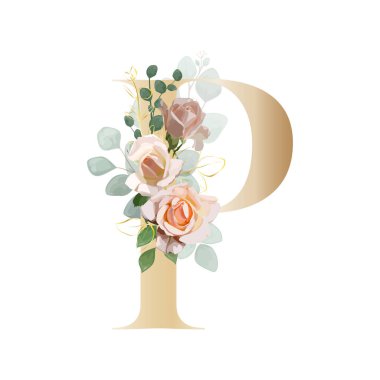 Çiçek alfabesi. Botanik buketi ile harfleri ayarla. Vektör illüstrasyonu.