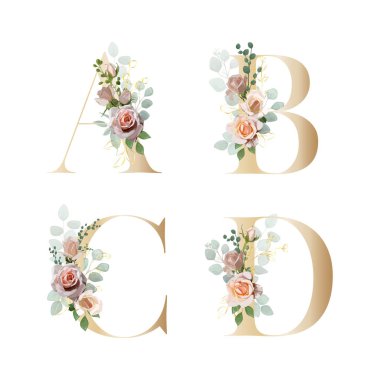 Çiçek alfabesi. Botanik buketi ile harfleri ayarla. Vektör illüstrasyonu.
