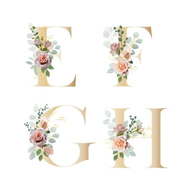 Çiçek alfabesi. Botanik buketi ile harfleri ayarla. Vektör illüstrasyonu.