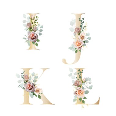 Çiçek alfabesi. Botanik buketi ile harfleri ayarla. Vektör illüstrasyonu.