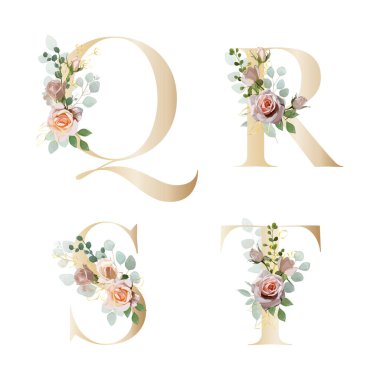 Çiçek alfabesi. Botanik buketi ile harfleri ayarla. Vektör illüstrasyonu.
