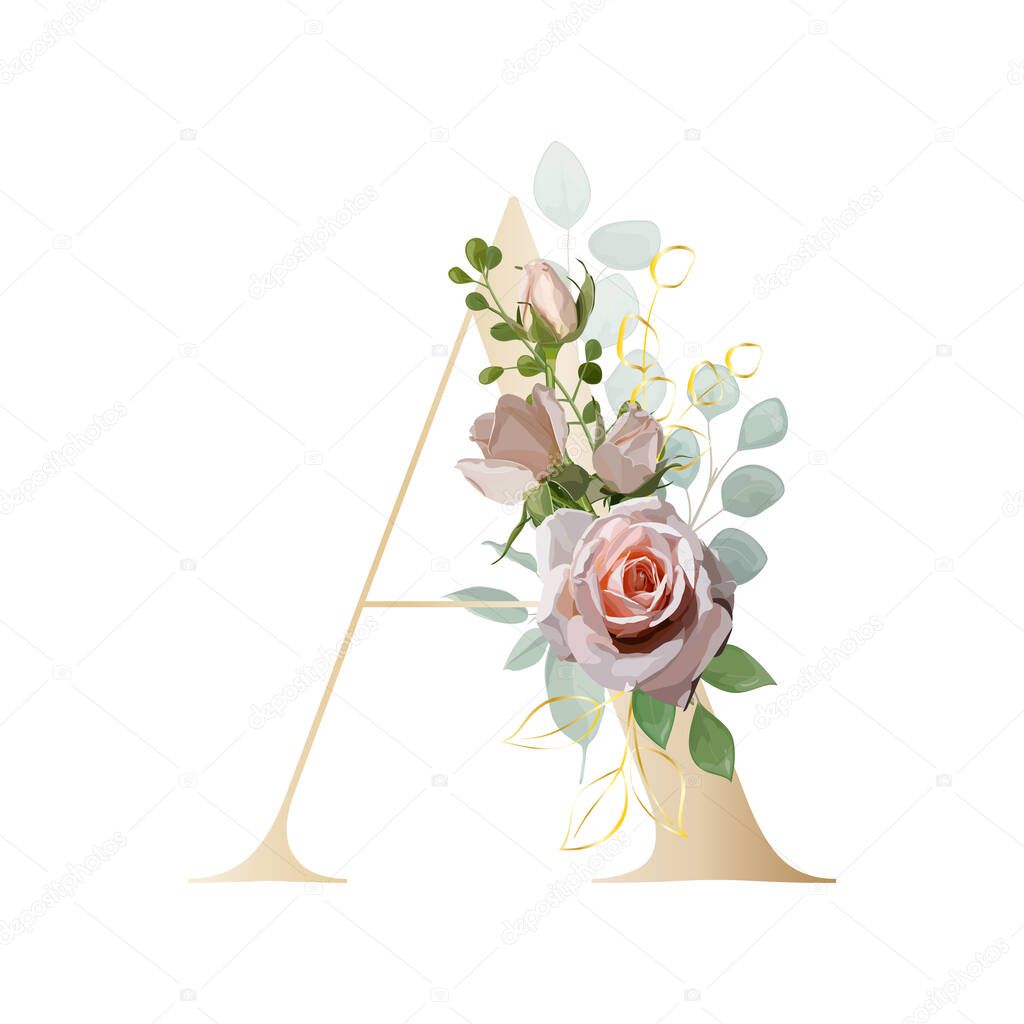 Floral Alphabet. Set letters with the botanical bouquet. Vector illustration.