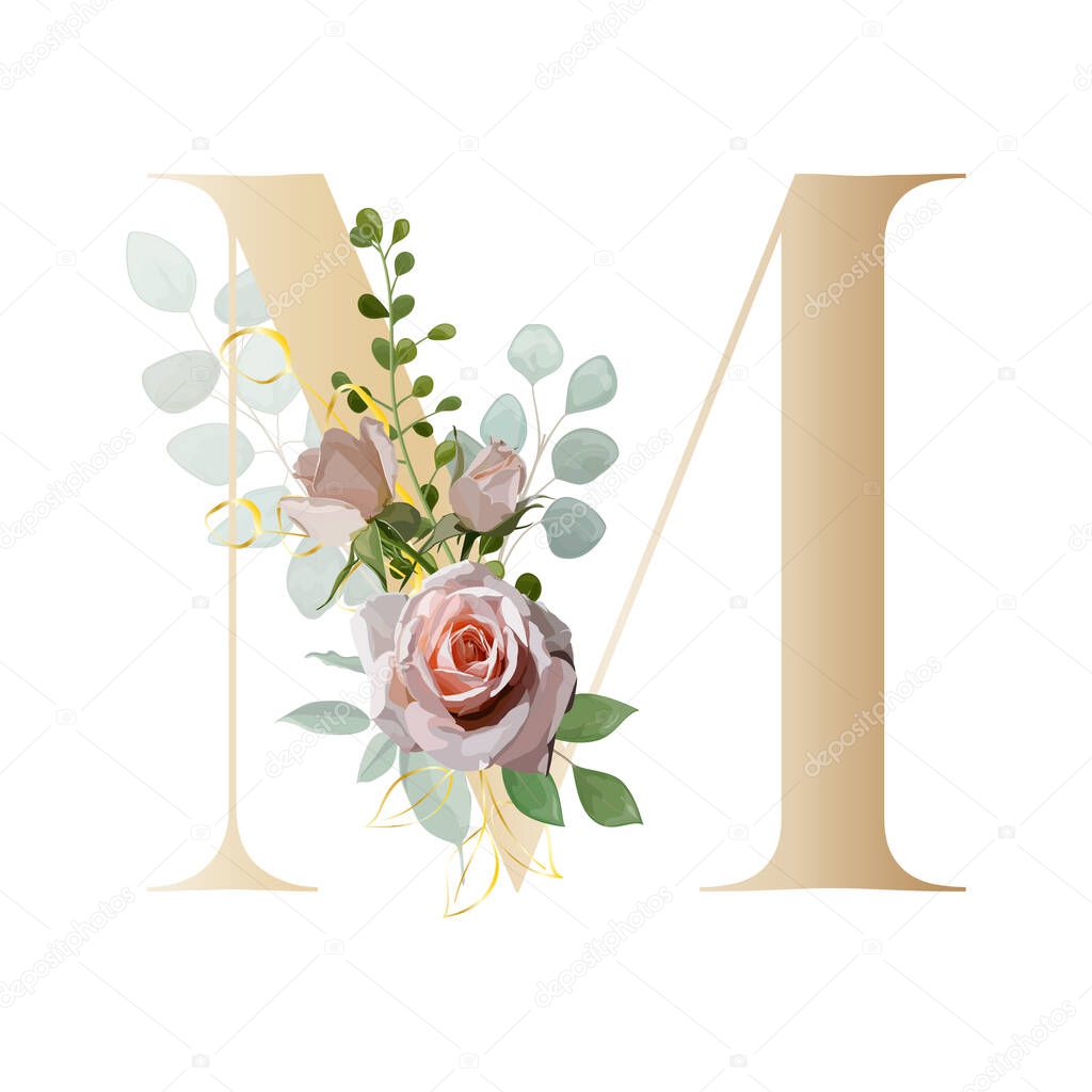 Floral Alphabet. Set letters with the botanical bouquet. Vector illustration.