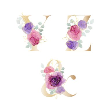 Çiçek alfabesi. Botanik buketi ile harfleri ayarla. Vektör illüstrasyonu.