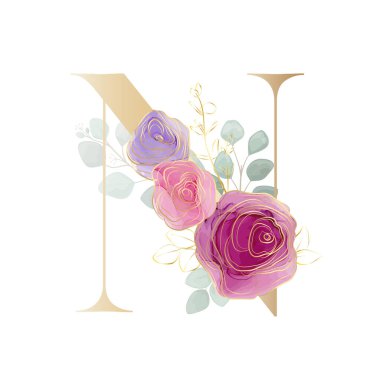 Çiçek alfabesi. Botanik buketi ile harfleri ayarla. Vektör illüstrasyonu.