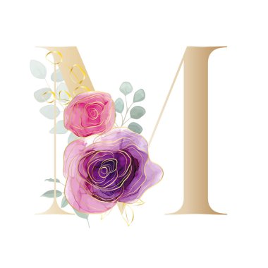 Floral Alphabet. Set letters with the botanical bouquet. Vector illustration.