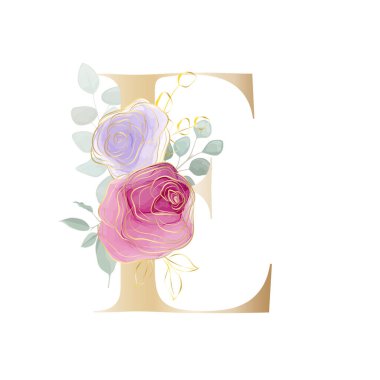 Çiçek alfabesi. Botanik buketi ile harfleri ayarla. Vektör illüstrasyonu.