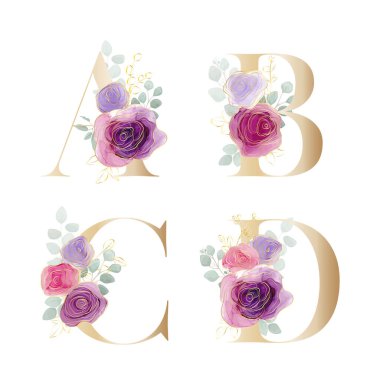 Çiçek alfabesi. Botanik buketi ile harfleri ayarla. Vektör illüstrasyonu.