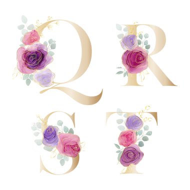 Çiçek alfabesi. Botanik buketi ile harfleri ayarla. Vektör illüstrasyonu.