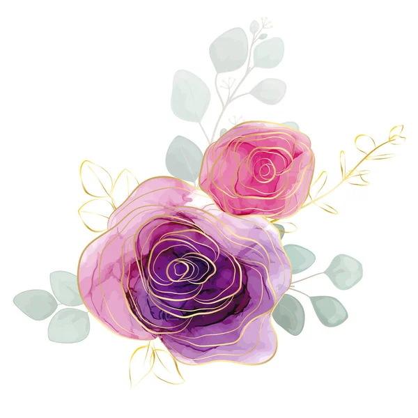 Bouquets Leaves Flowers Alcohol Ink Isolated White Vector — 图库矢量图片