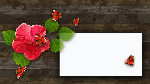 Beautiful Red Hibiscus Flower Leaves Wooden Background — Stockfoto