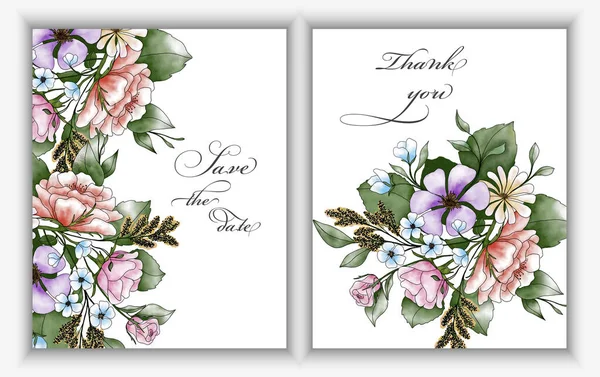 Bröllop Inbjudan Kort Med Blommor Och Blad — Stockfoto