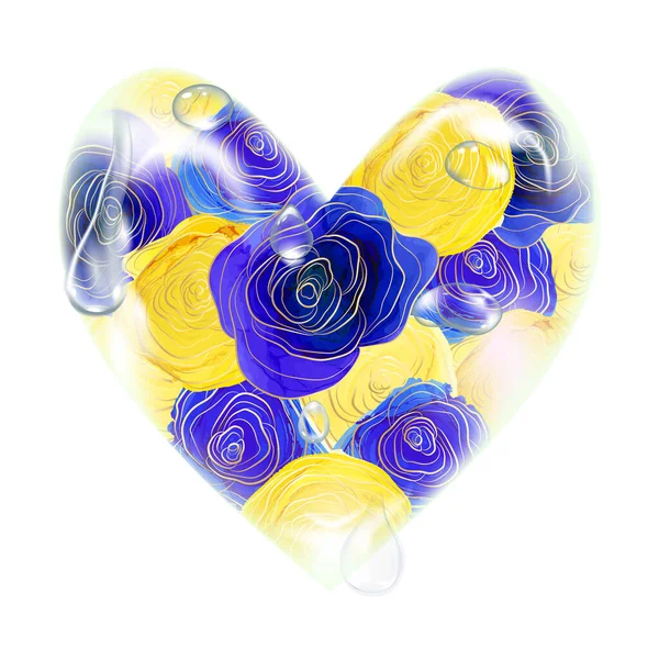 Beautiful Glass Heart Alcohol Ink Roses Drops Water Vector Illustration — 图库矢量图片