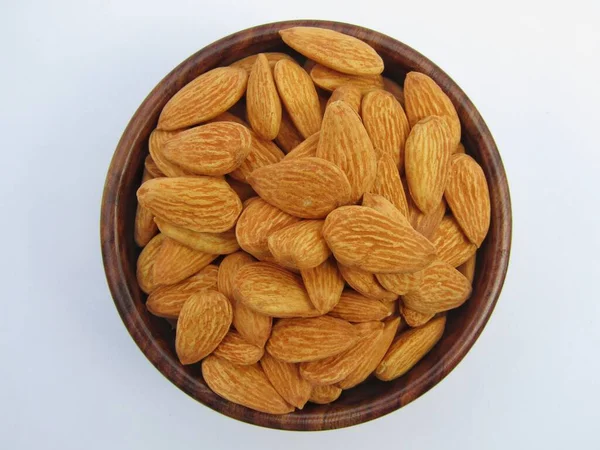 Almonds Wooden Bowl White Background — Stock Photo, Image