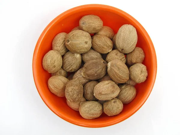 Nutmeg Spice Bowl White Background — Stock Photo, Image
