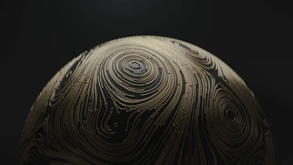 3D καθιστούν χρυσή μπάλα με κυκλικές τοπογραφικές κινούμενες γραμμές και σωματίδια σε μαύρο φόντο — Φωτογραφία Αρχείου