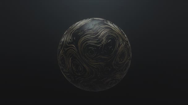Вращающийся золотой шар с круговыми топографическими анимированными линиями и частицами на черном фоне — стоковое видео