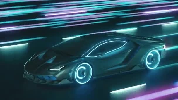 Esportes carro de néon cibernético corre ao longo da estrada da noite com luzes de néon em alta velocidade — Vídeo de Stock