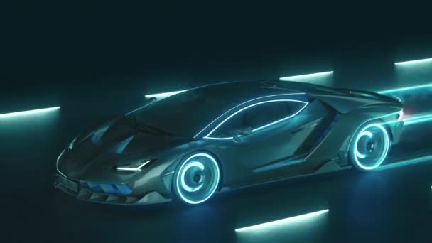 Deportes cyber neón coche se precipita en la carretera de noche con luces de neón — Vídeos de Stock