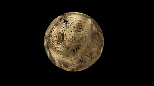3D render Bola dorada con líneas topográficas circulares y partículas sobre fondo negro — Foto de Stock