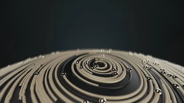 3D-Rendering Fliegen über goldene Kugel mit kreisförmigen topografischen animierten Linien und Partikeln auf schwarzem Hintergrund — Stockfoto