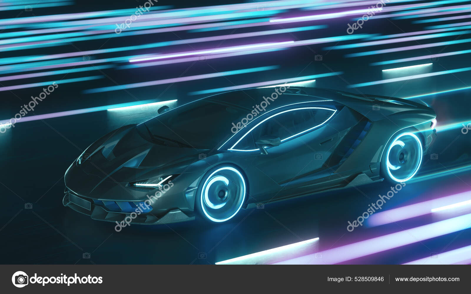 3d render Sports cyber neon car rushes along the night road with neon