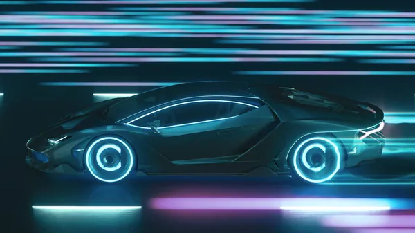 3Dレンダリングスポーツサイバーネオン車は高速でネオンライトと夜の道路に沿って突入します — ストック写真