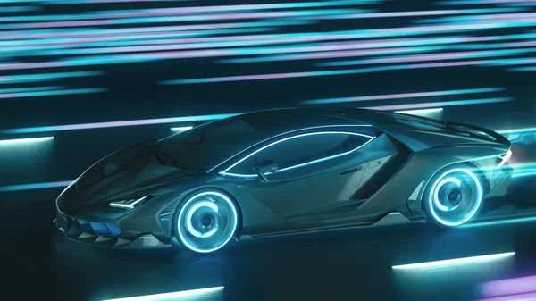3D render Sports siber-neon araba, neon ışıkları yüksek hızda gece yolunda koşar.