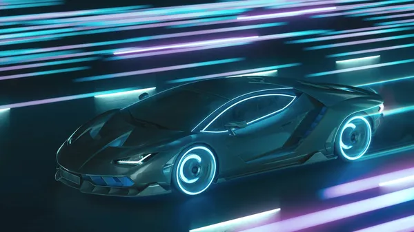 3d rendre Sport cyber néon voiture se précipite le long de la route de nuit avec des néons à grande vitesse — Photo