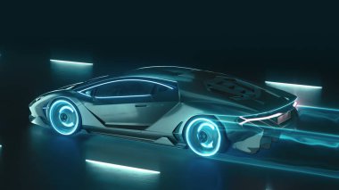 3D render Sports siber-neon araba neon ışıklarıyla gece yoluna fırlıyor.