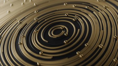 Daire çizgilerindeki kıvrımlı altın ve siyah soyut ile bulanık bokeh arkaplan üzerindeki parçacıklar