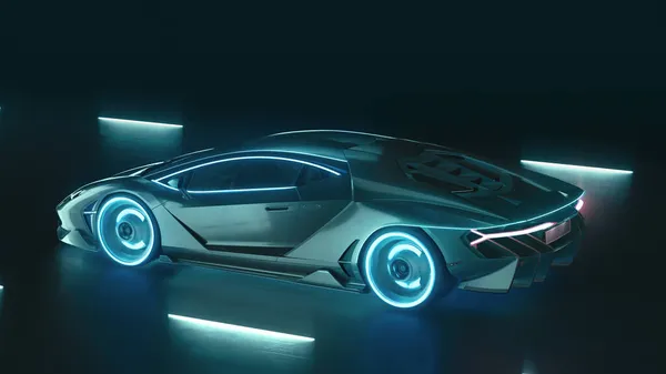 3d render esportes carro neon cibernético corre na estrada da noite com luzes de néon — Fotografia de Stock