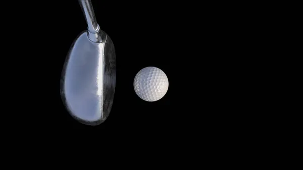 Golf sopası ve golf topunu siyah arka planda bir askıya yerleştirin. — Stok fotoğraf