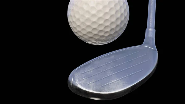 3D καθιστούν μπαστούνι του γκολφ και μπάλα του γκολφ σε μια σχάρα σε μαύρο φόντο — Φωτογραφία Αρχείου