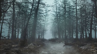 Gündüz vakti sisli korkunç bir ormanın 3 boyutlu görüntüsü.