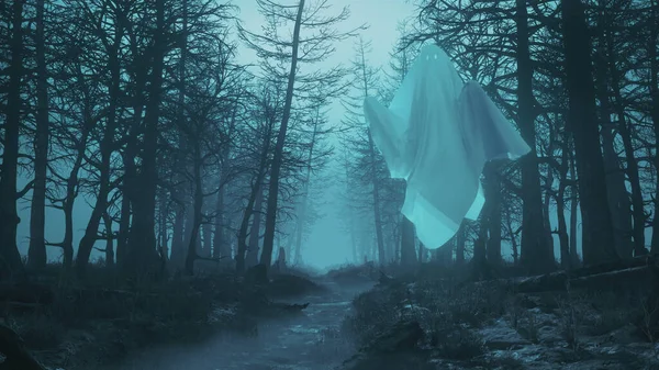 3d maken nacht eng bos met vliegende geesten — Stockfoto