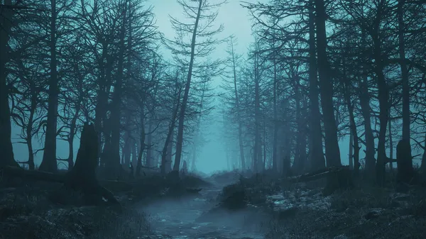 3d rendu d'une forêt effrayante de nuit avec brouillard — Photo